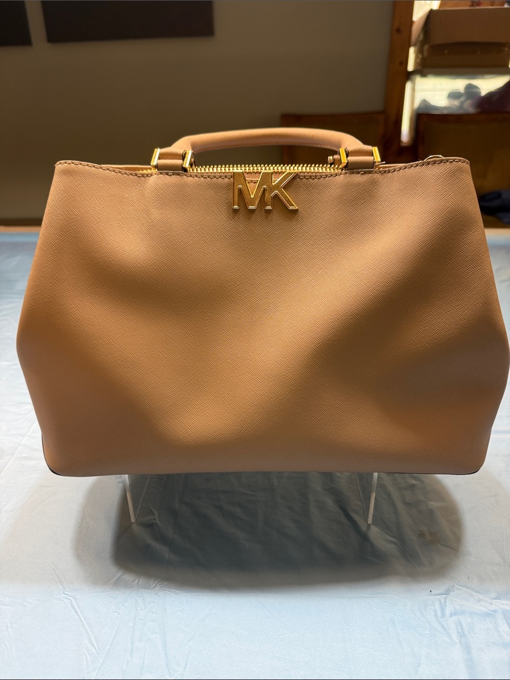 Michael Kors Camel Saffiano Leather Top-Handle Satchel with Gold Hardware